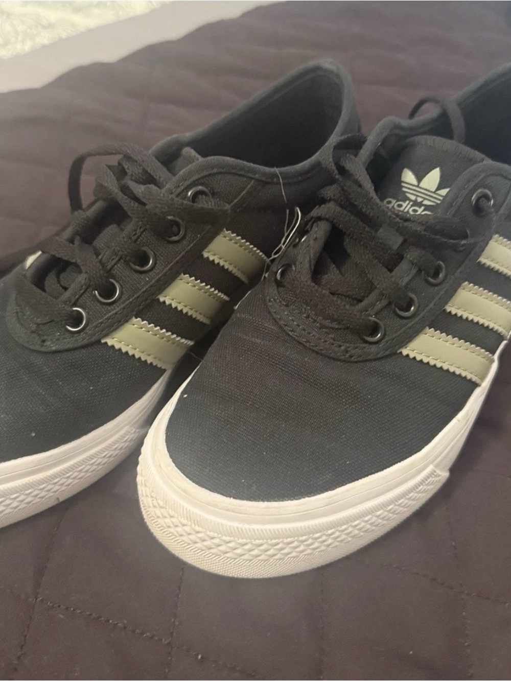 Adidas Kids Black Canvas Sneakers with Olive Stripes